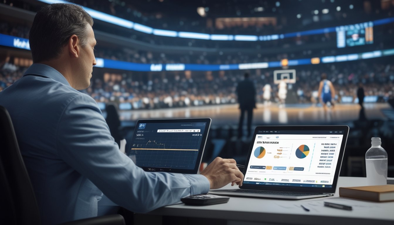Seorang analis membandingkan statistik pertandingan basket dengan angka peluang taruhan di meja kerja.