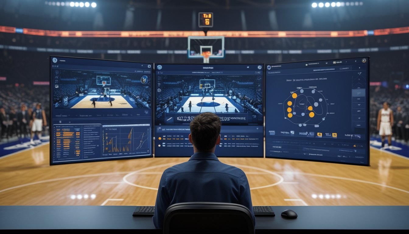 Analis mengamati data pertandingan basket langsung di layar saat pertandingan berlangsung.