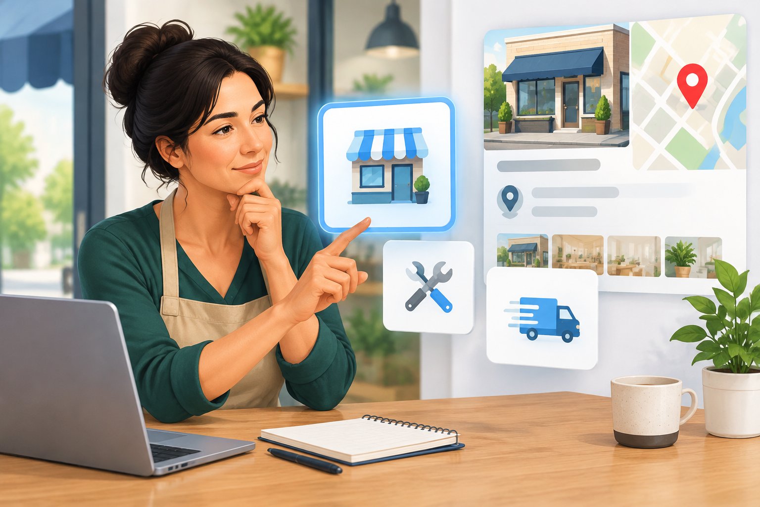 A business owner compares category icons beside a storefront and map pin.