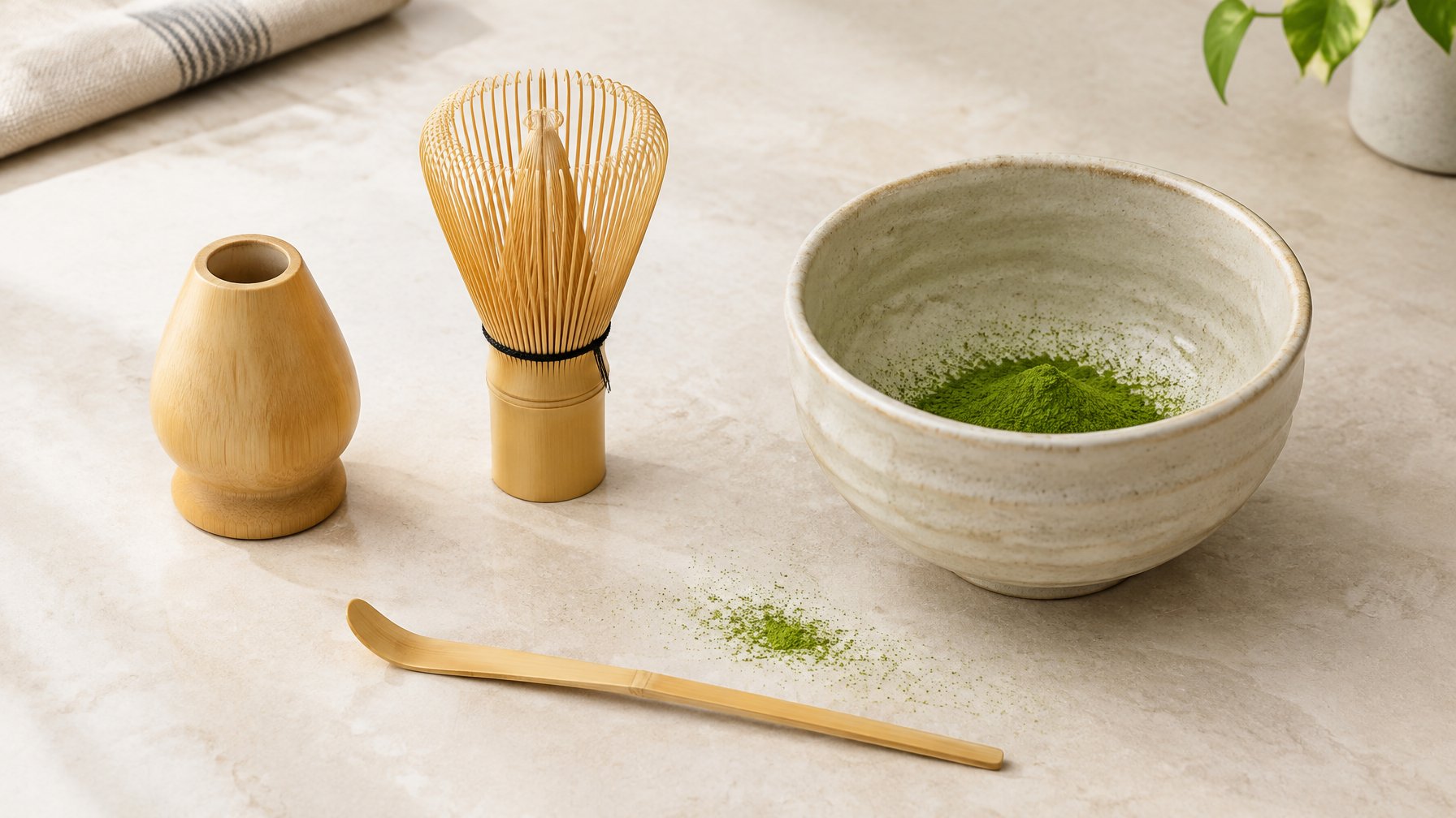 Four matcha-making accessories arranged on a tabletop.