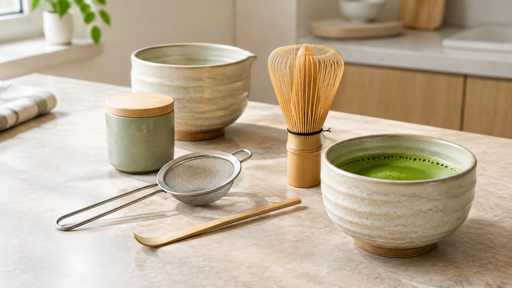 A coordinated matcha kit with a bowl, bamboo whisk, scoop, sifter, and prepared matcha on a kitchen counter.
