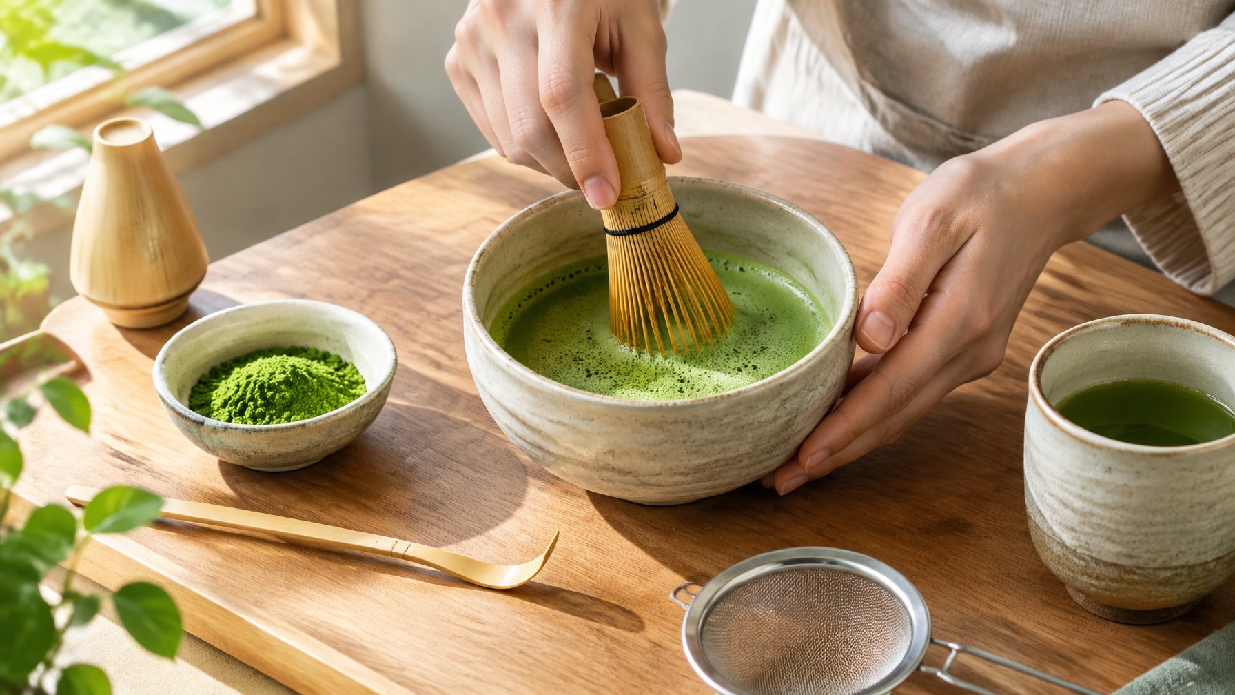 Hands whisk matcha in a bowl beside tea-preparation accessories.