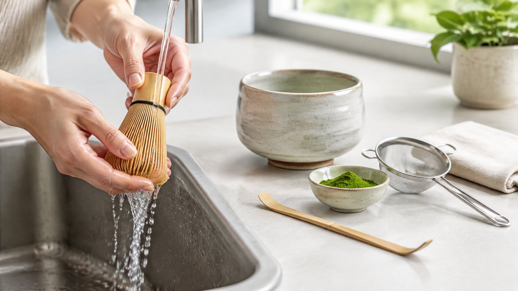 Hands rinse a bamboo matcha whisk beside a bowl and other matcha accessories.