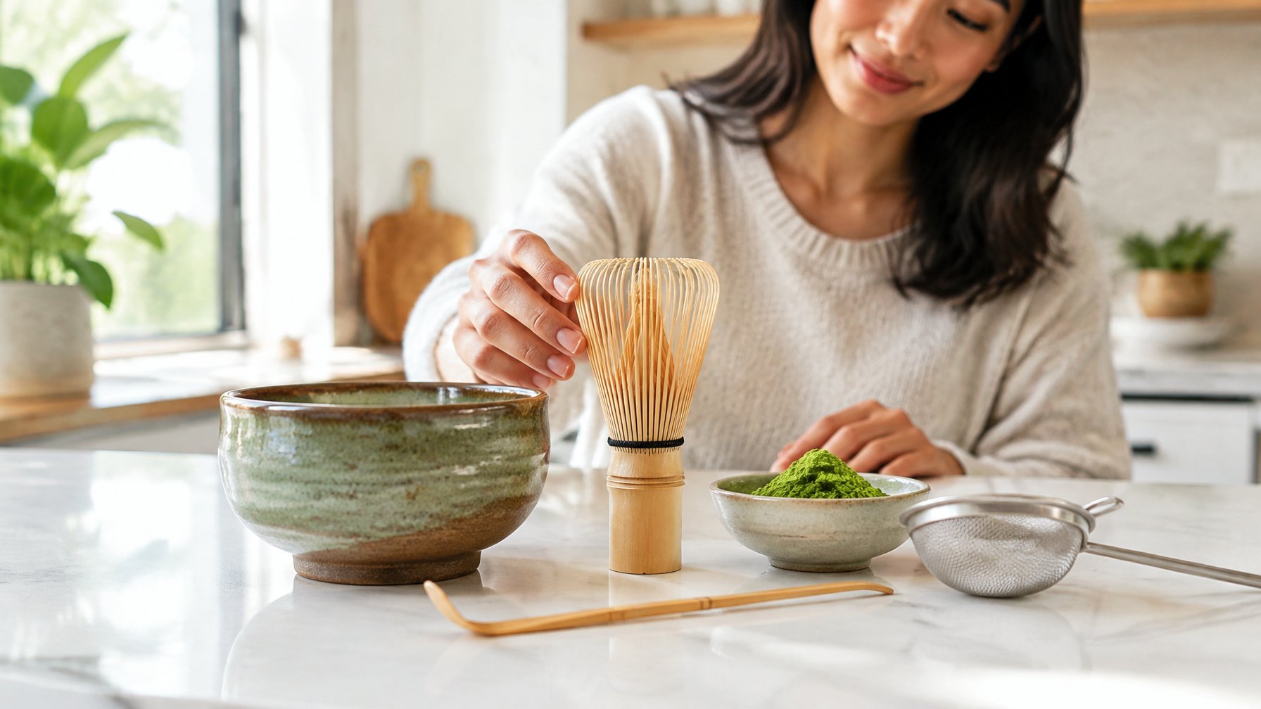 A person prepares matcha with a bowl, bamboo whisk, scoop, and sifter.