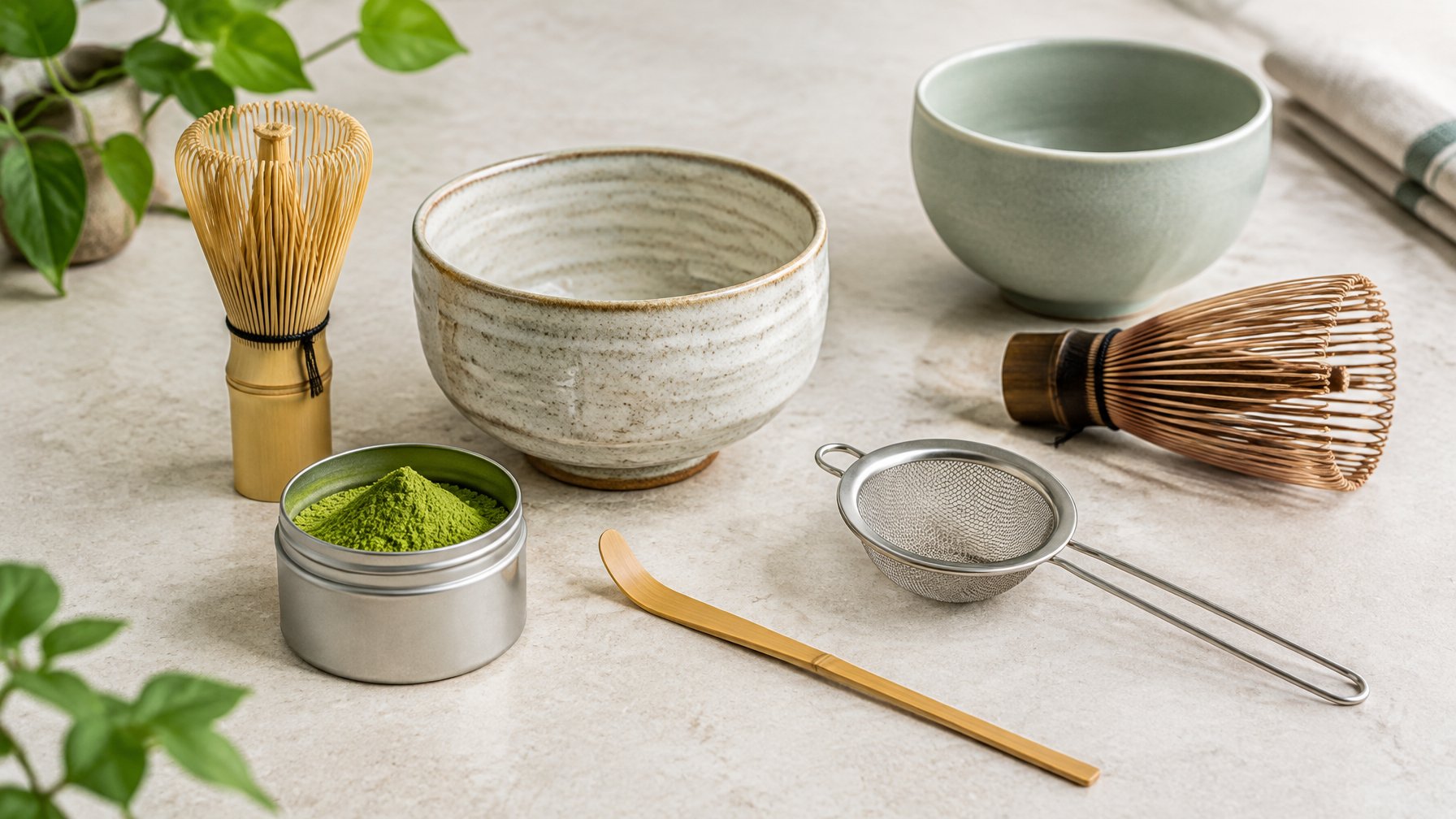 Matcha preparation tools and alternative bowls arranged on a tabletop.
