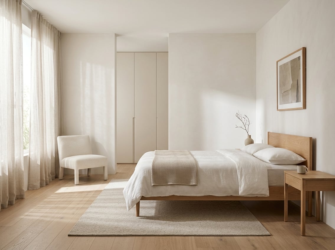 A bedroom with a bed, bedside table, chair, and wardrobe. best furniture for minimalist bedrooms