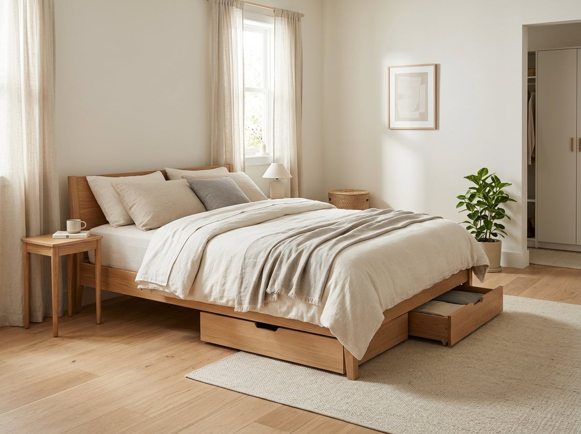 A neatly made bed in a bright bedroom with a simple wooden frame and open floor space.