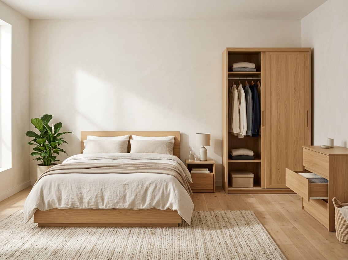 A neatly furnished bedroom with a bed, bedside table, wardrobe, and dresser. best furniture for minimalist bedrooms