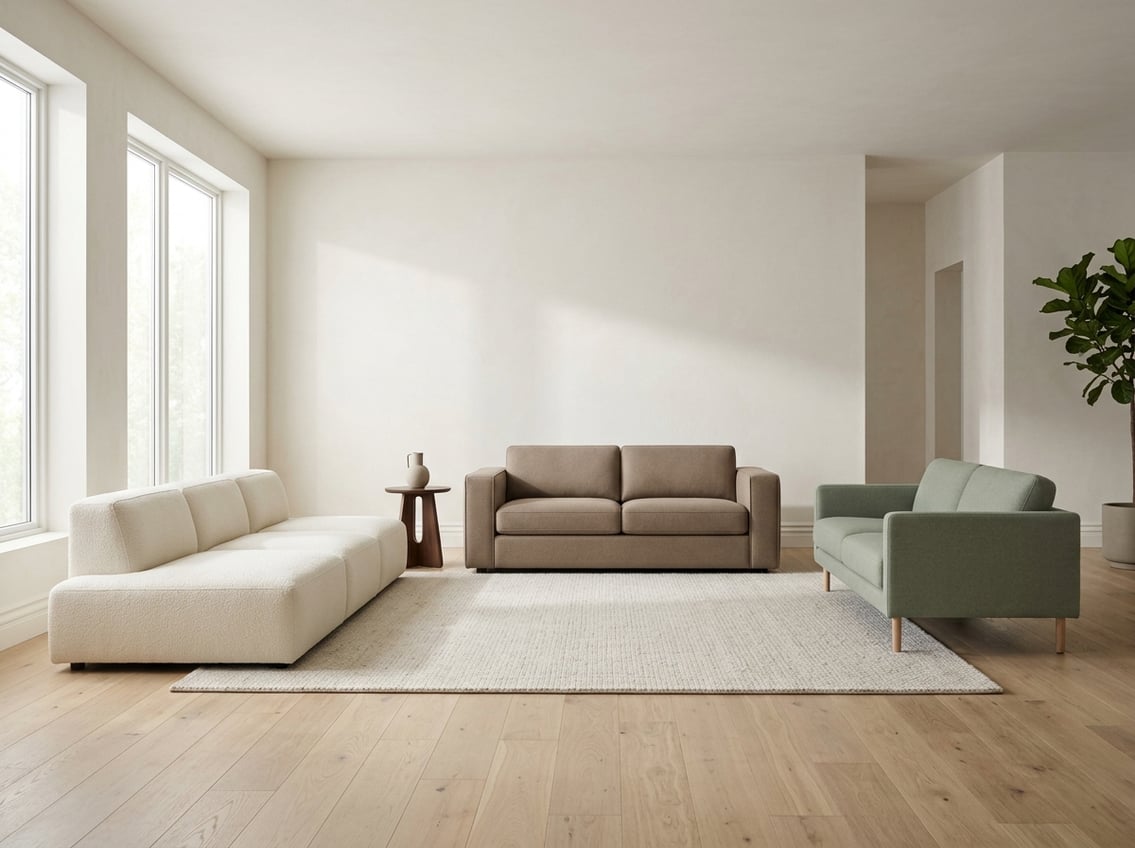 Three minimalist couches arranged in a bright living room.