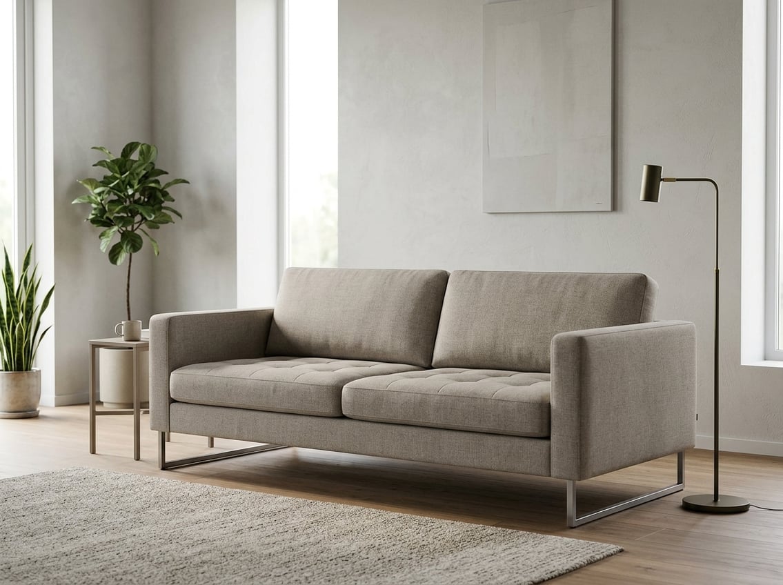 A neutral-colored sofa sits in a bright, uncluttered living room.