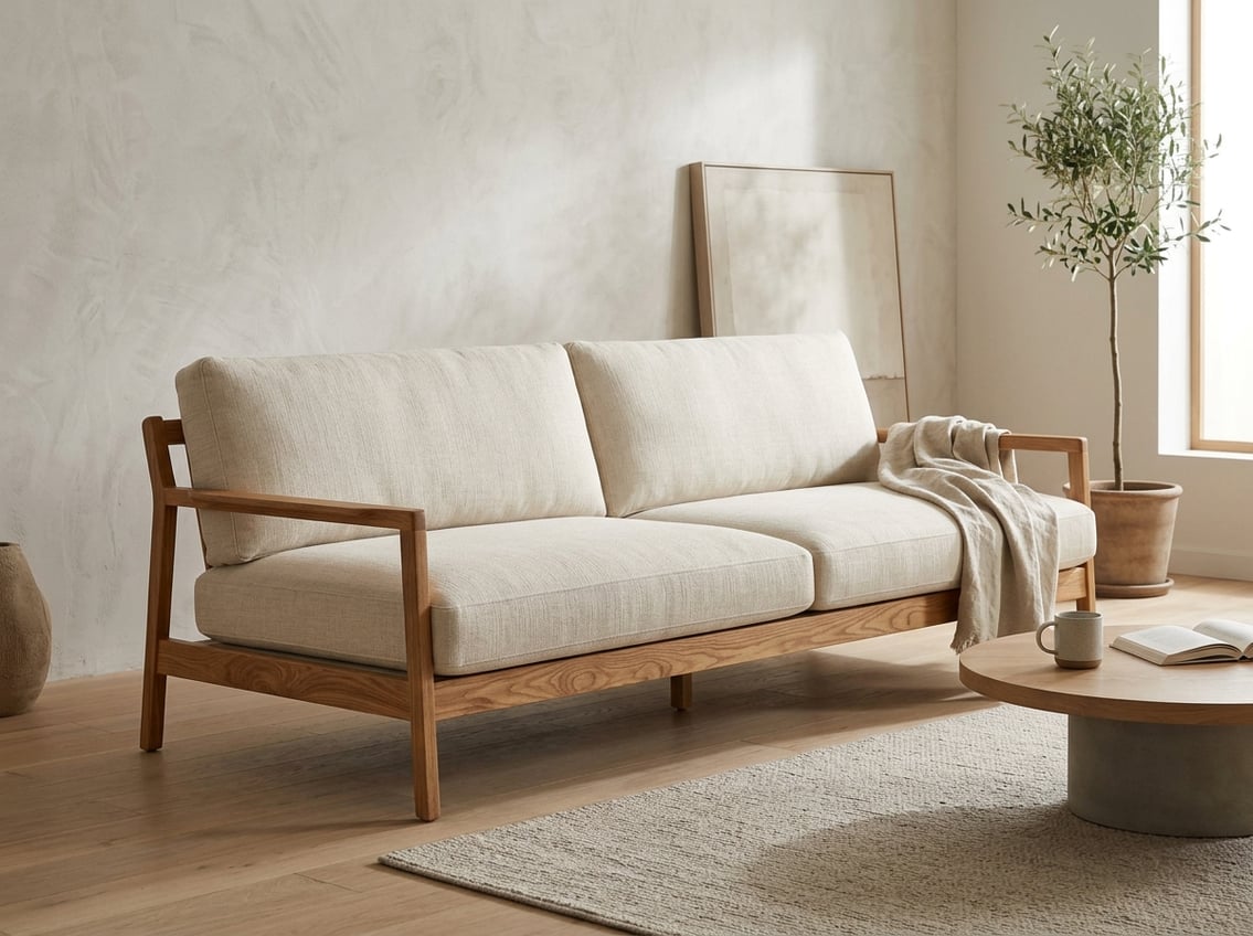 A timber-framed sofa in a bright, uncluttered living room.