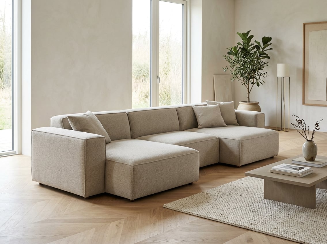 A neutral modular sofa in a bright living room.