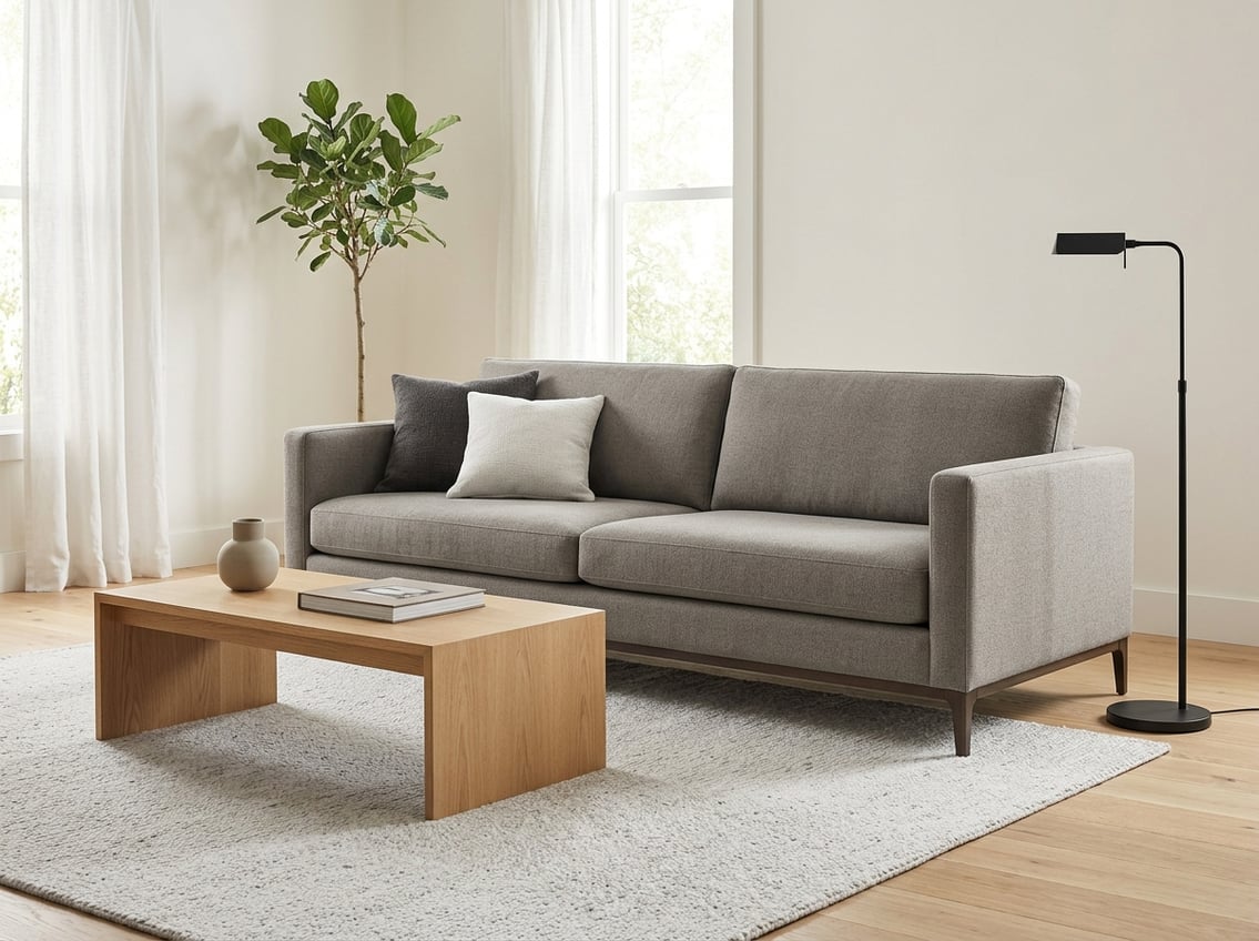 A gray sofa in a bright, uncluttered living room.