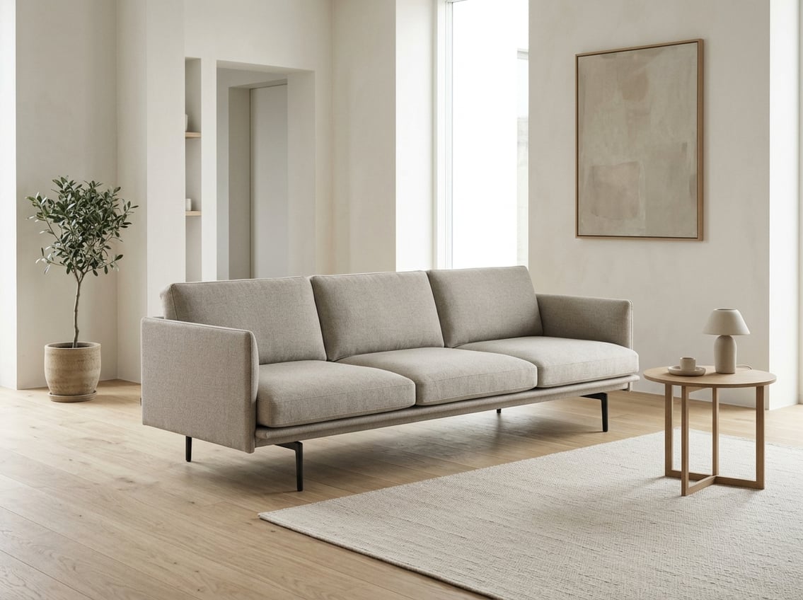 A gray sofa sits in a bright living room. best minimalist couches
