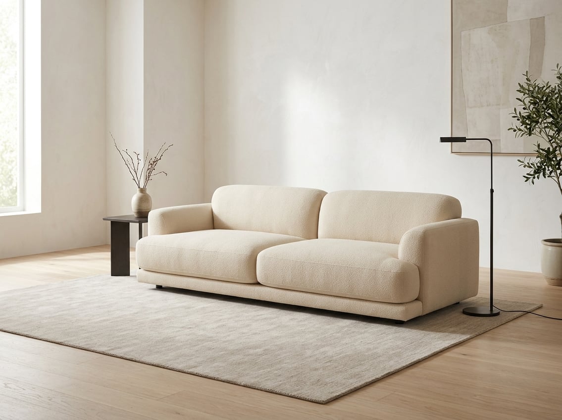 A rounded ivory sofa in a bright, uncluttered living room. best minimalist couches