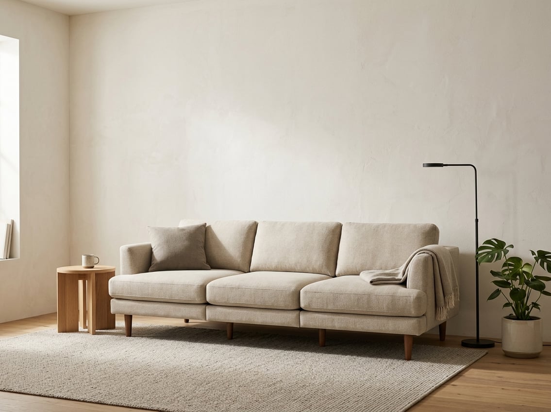 A neutral modular sofa sits in a bright living room.