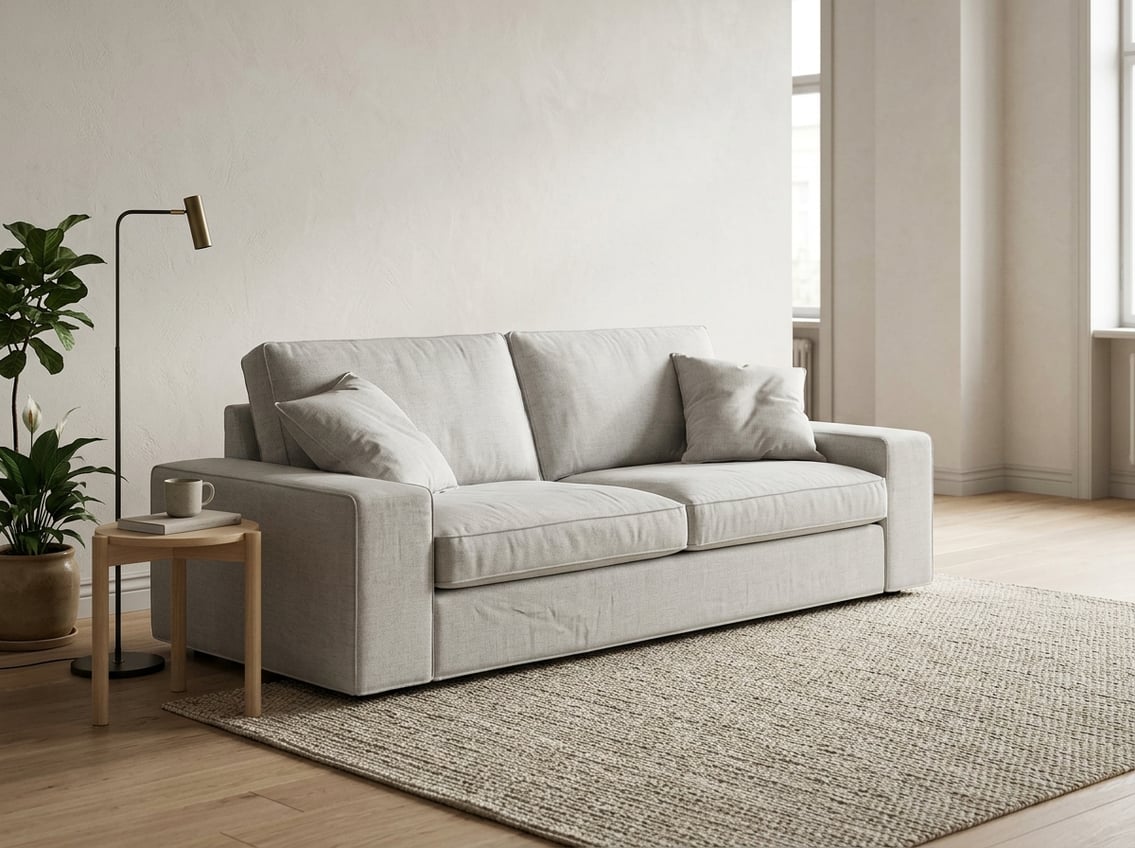 A light-colored sofa sits in a bright living room.
