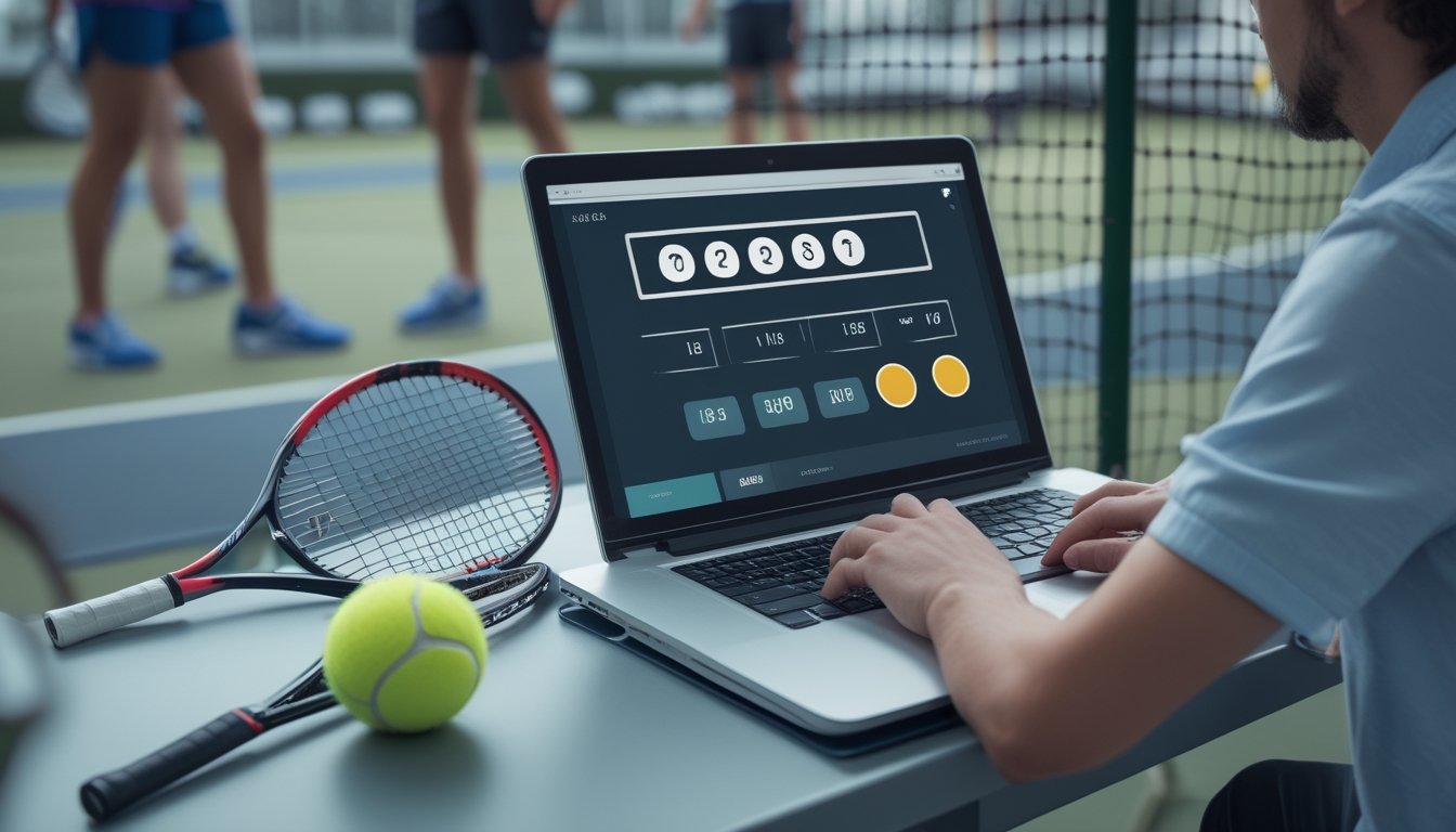 Seorang pemula mempelajari odds tenis di laptop di dekat lapangan tenis.