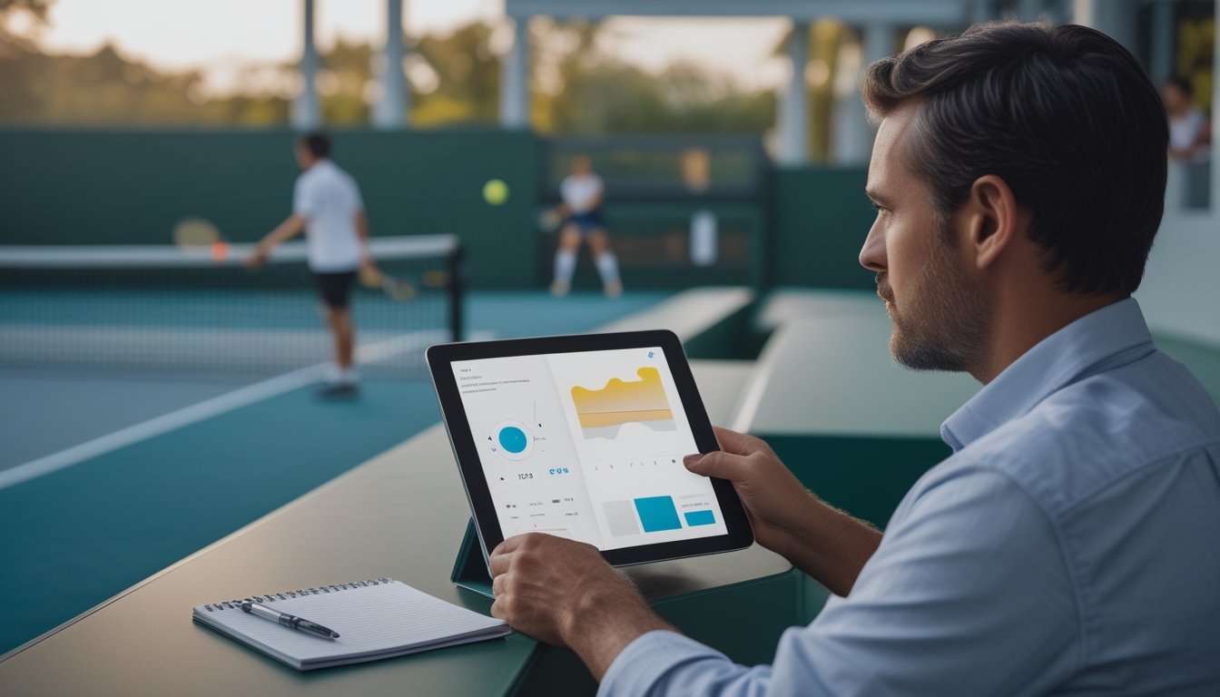 Seorang penonton mempelajari tampilan odds di tablet sambil menyaksikan pertandingan tenis.