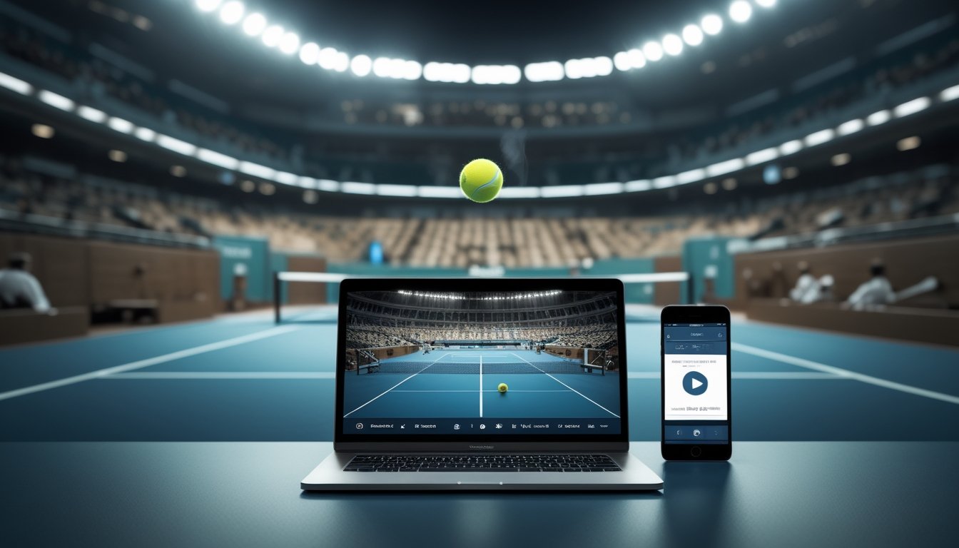 Dua pemain bertanding tenis, terlihat di layar laptop dan ponsel.