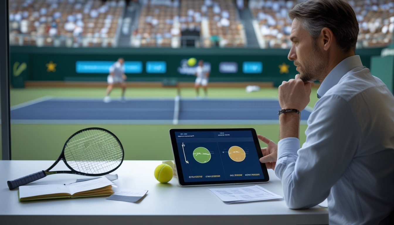 Seorang analis tenis mempelajari statistik pertandingan di tablet, dengan lapangan tenis terlihat di latar belakang.