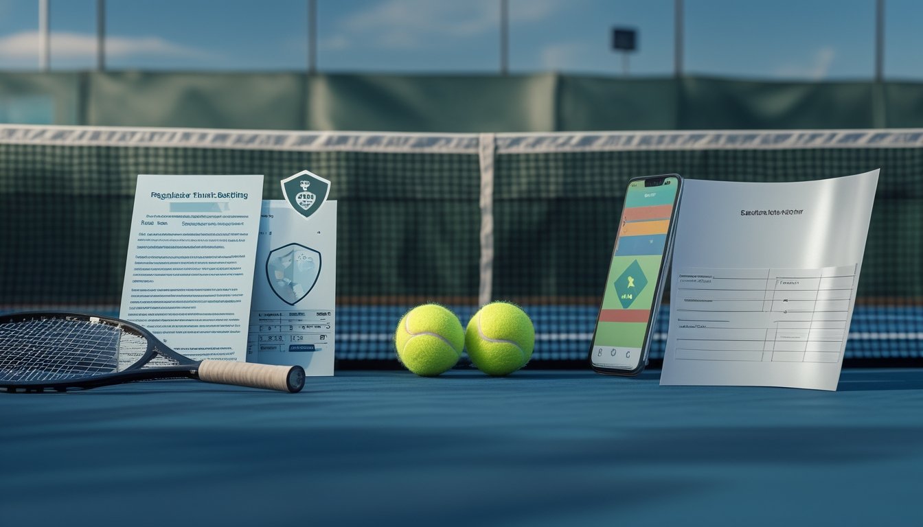 Dokumen aturan dan perangkat digital berada di dekat raket dan bola tenis.