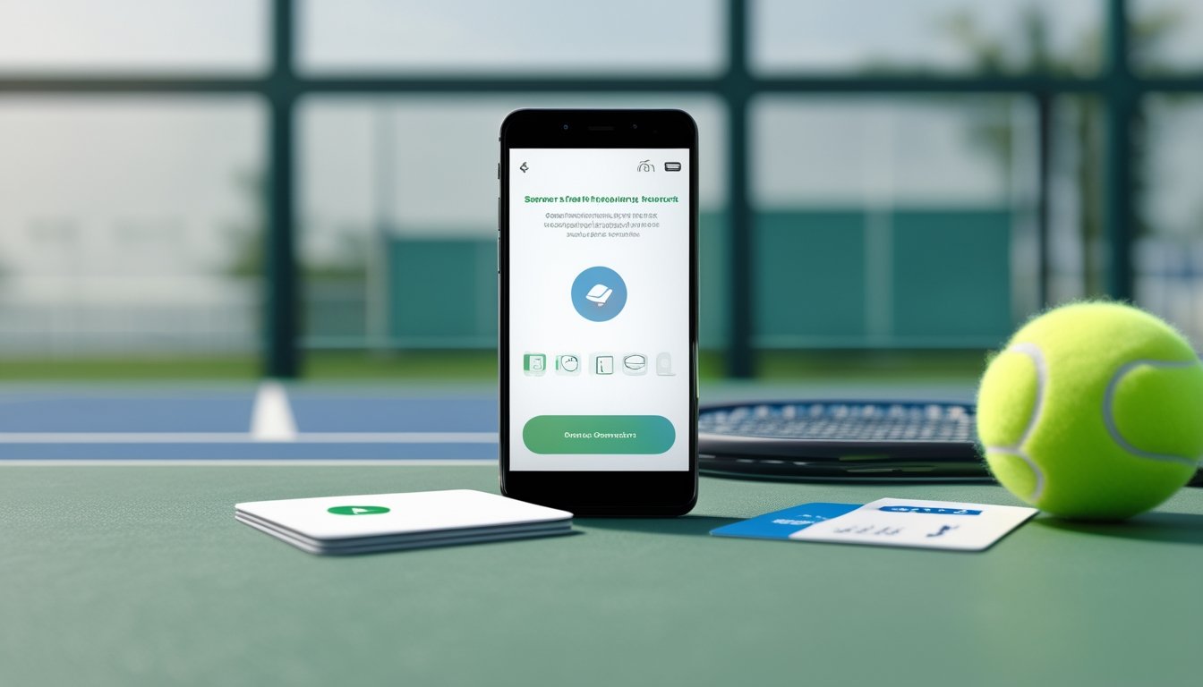Ponsel dengan pilihan pembayaran di dekat kartu bank, raket, dan bola tenis.