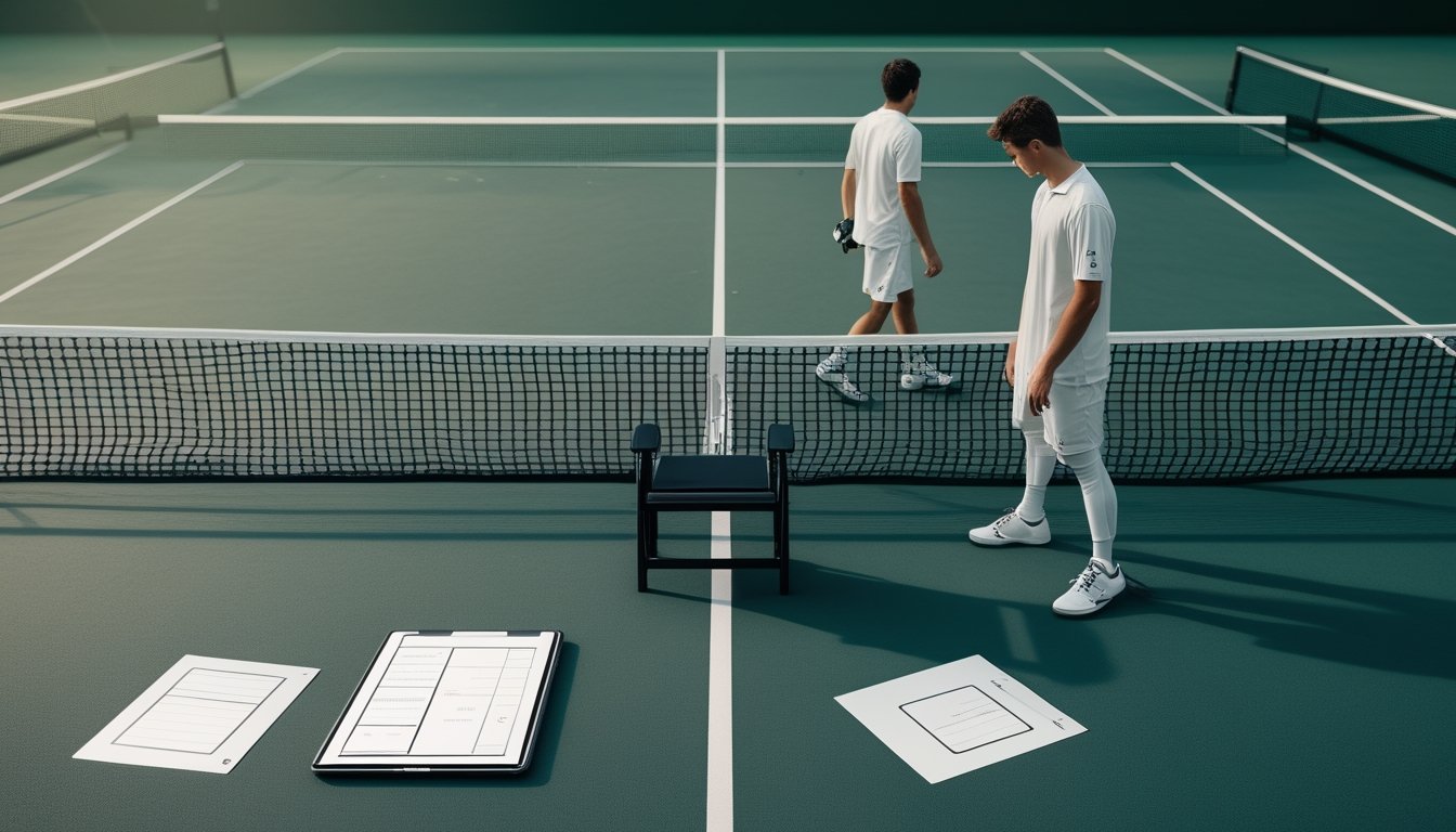 Seorang pemain berdiri di lapangan tenis yang pertandingannya dihentikan, dengan slip taruhan dan ponsel di dekat lapangan.