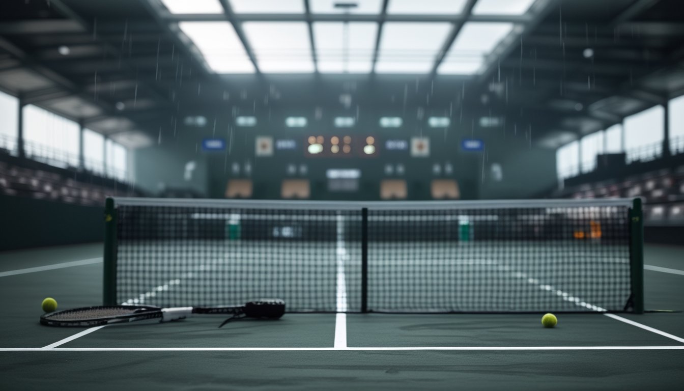 Lapangan tenis kosong dengan raket dan bola setelah pertandingan terhenti.
