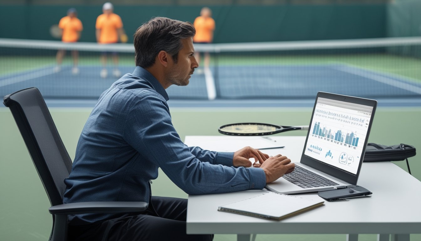 Seorang analis mempelajari statistik tenis di laptop dengan raket dan bola tenis di atas meja.