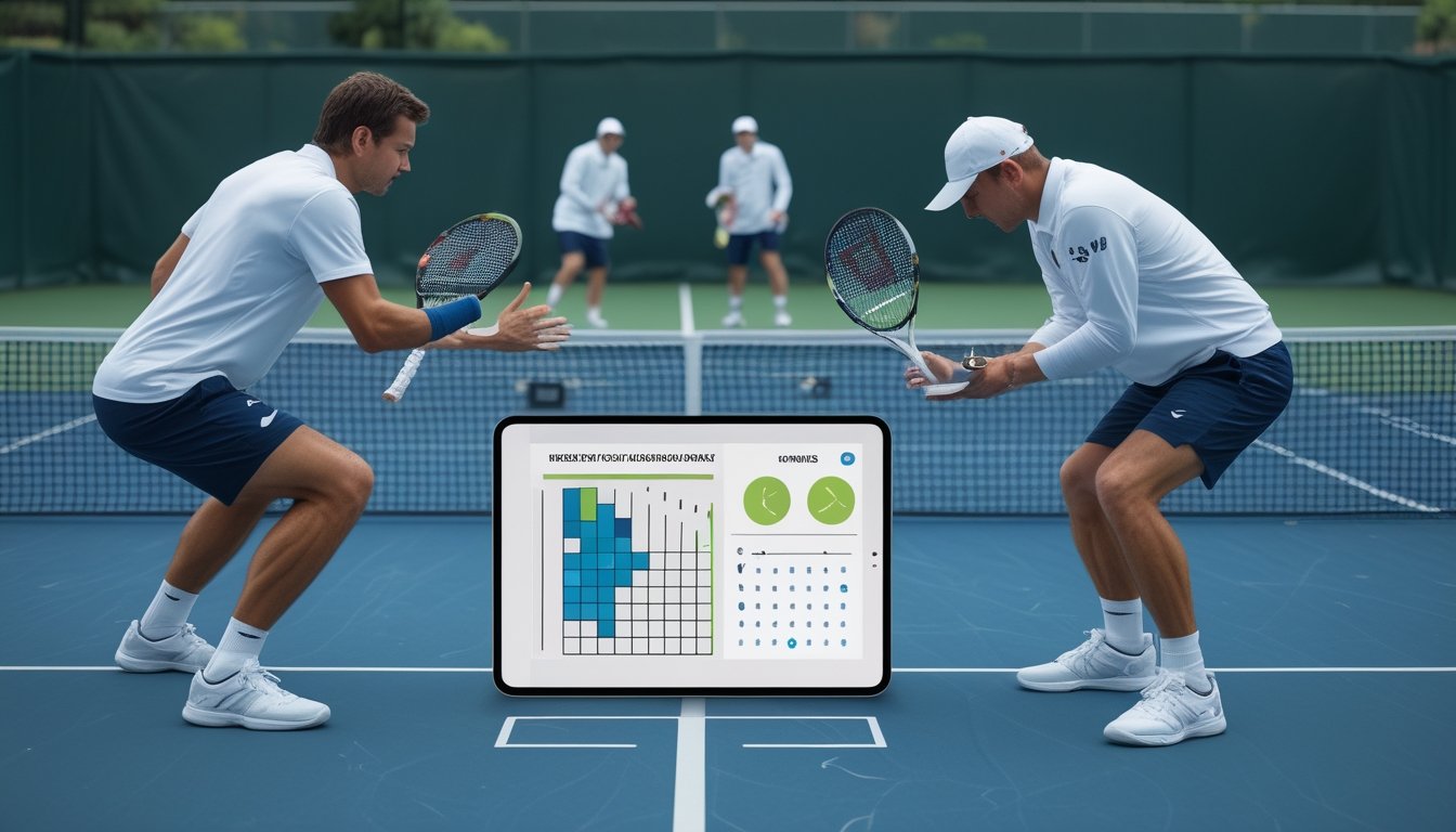 Seorang analis meninjau grafik performa di tablet saat dua pemain tenis berlatih di lapangan.