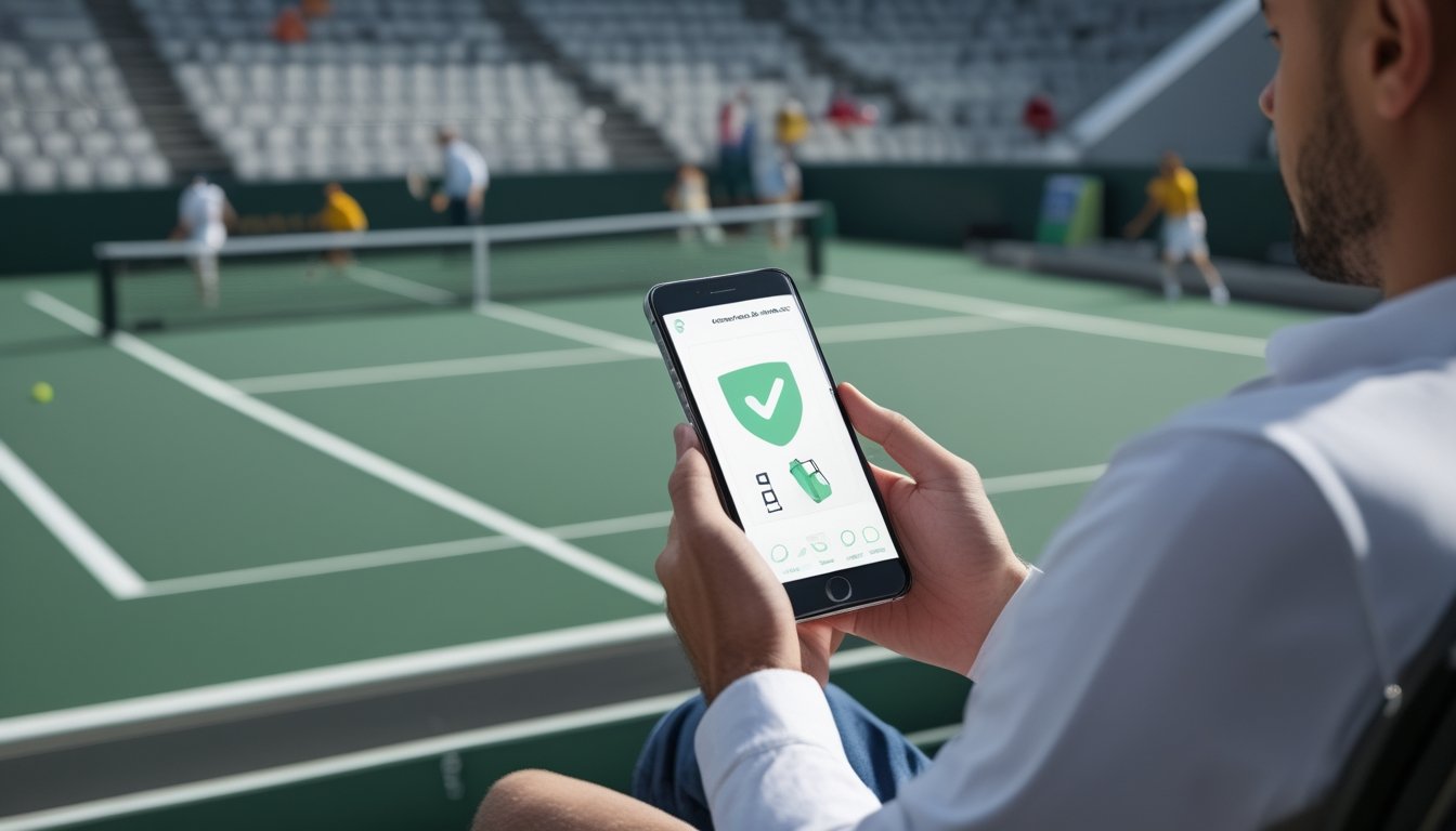 Penonton tenis melihat ponsel saat pertandingan berlangsung di lapangan.