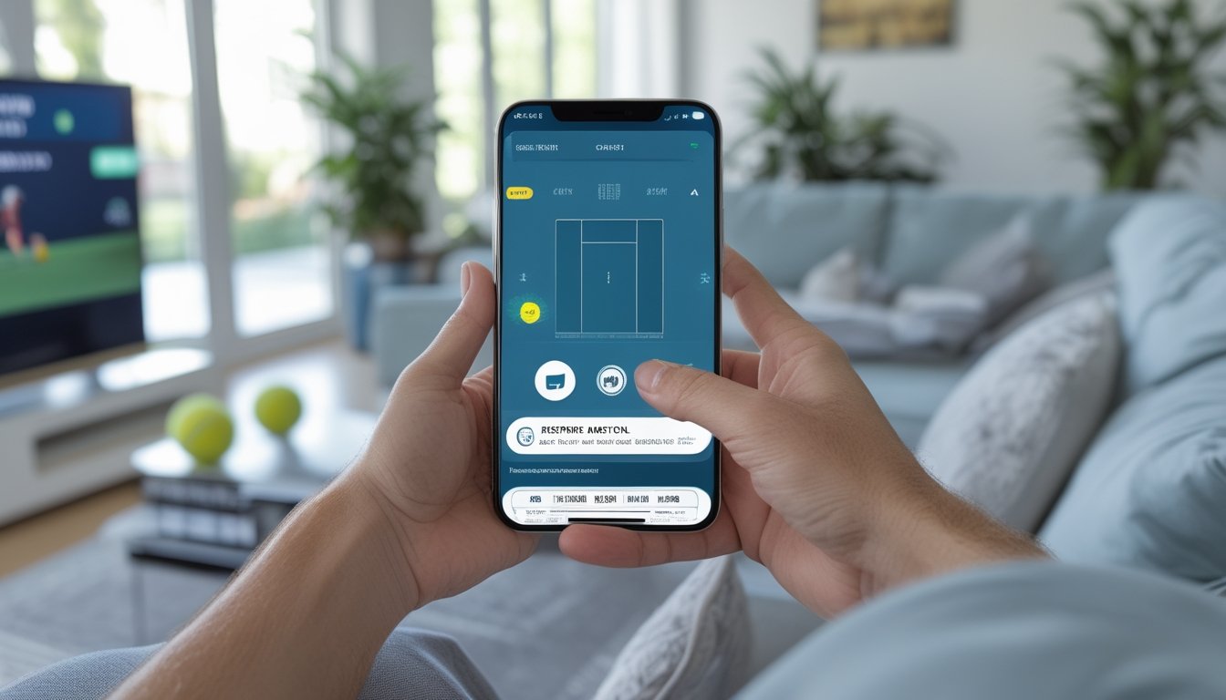 Penggemar tenis melihat pertandingan sambil mempertimbangkan opsi pada aplikasi taruhan di ponselnya.