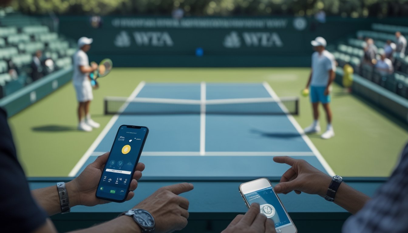 Dua pemain tenis bertanding di lapangan, sementara seorang penonton melihat ponsel.