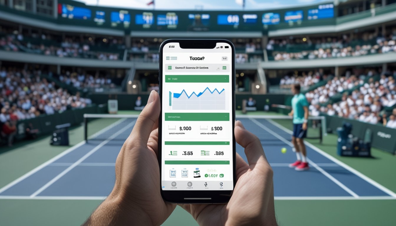 Pemain tenis bersiap melakukan servis di lapangan, sementara seorang penonton melihat ponsel.
