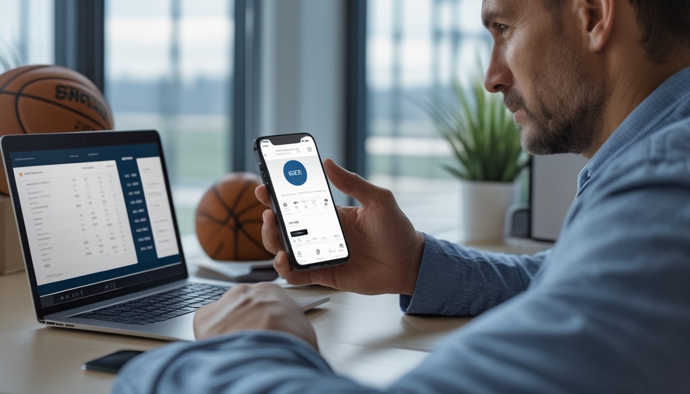 Penggemar basket meninjau statistik pertandingan di ponsel dan laptop di samping bola basket.