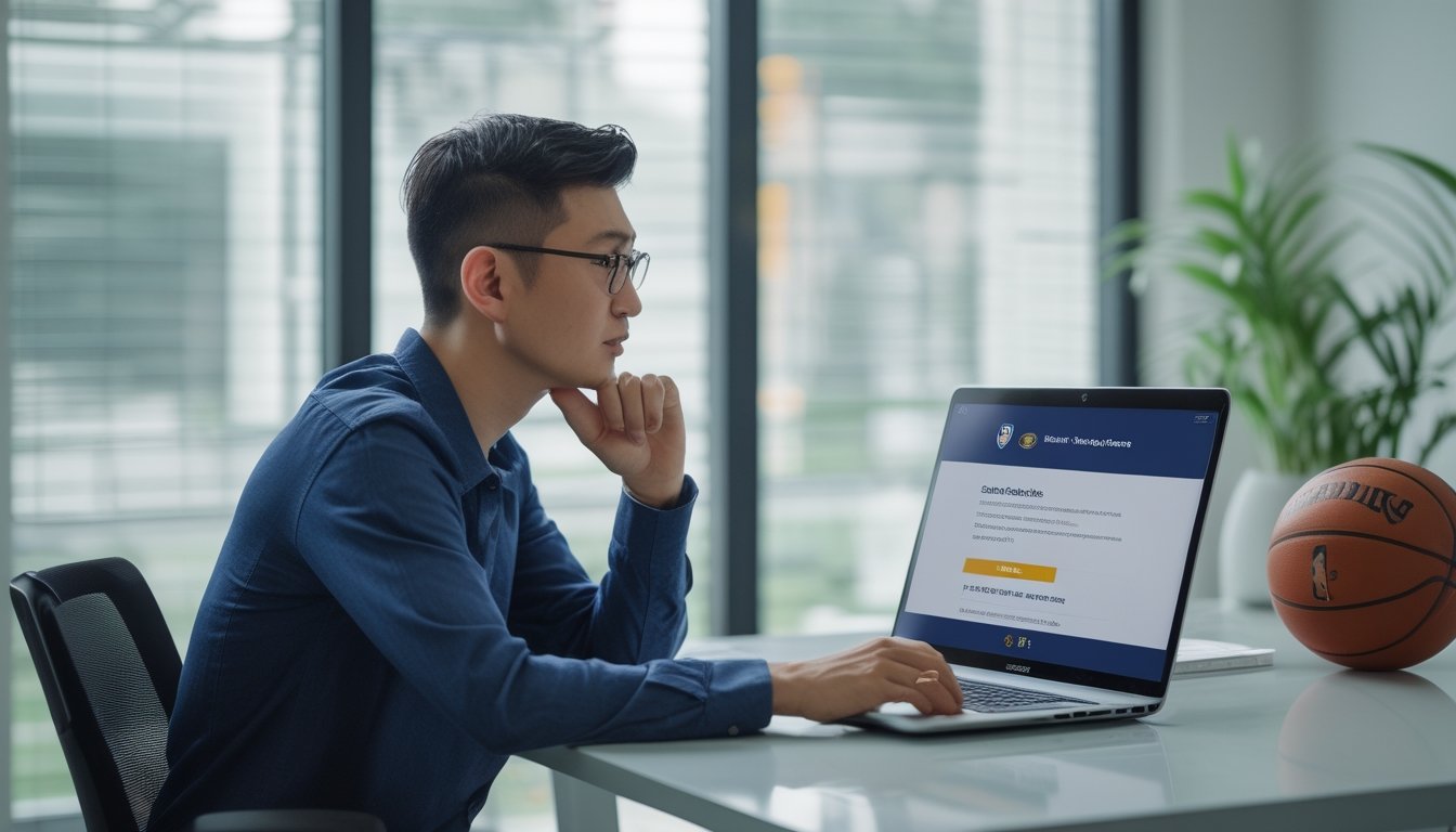 Seorang penggemar basket meninjau situs olahraga di laptop di meja kerja.