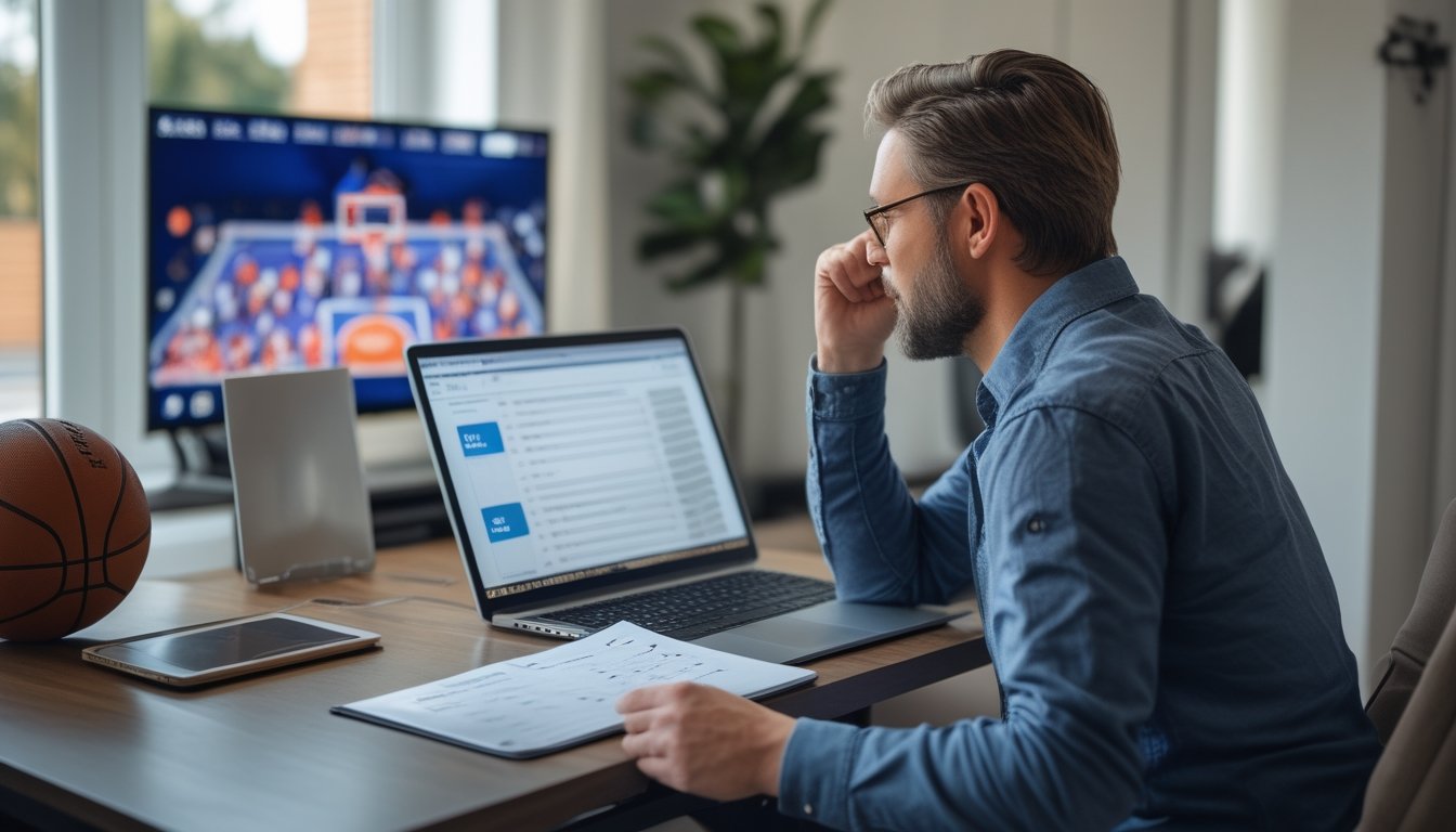 Seorang penggemar basket mempelajari statistik pertandingan di meja sambil menonton NBA.