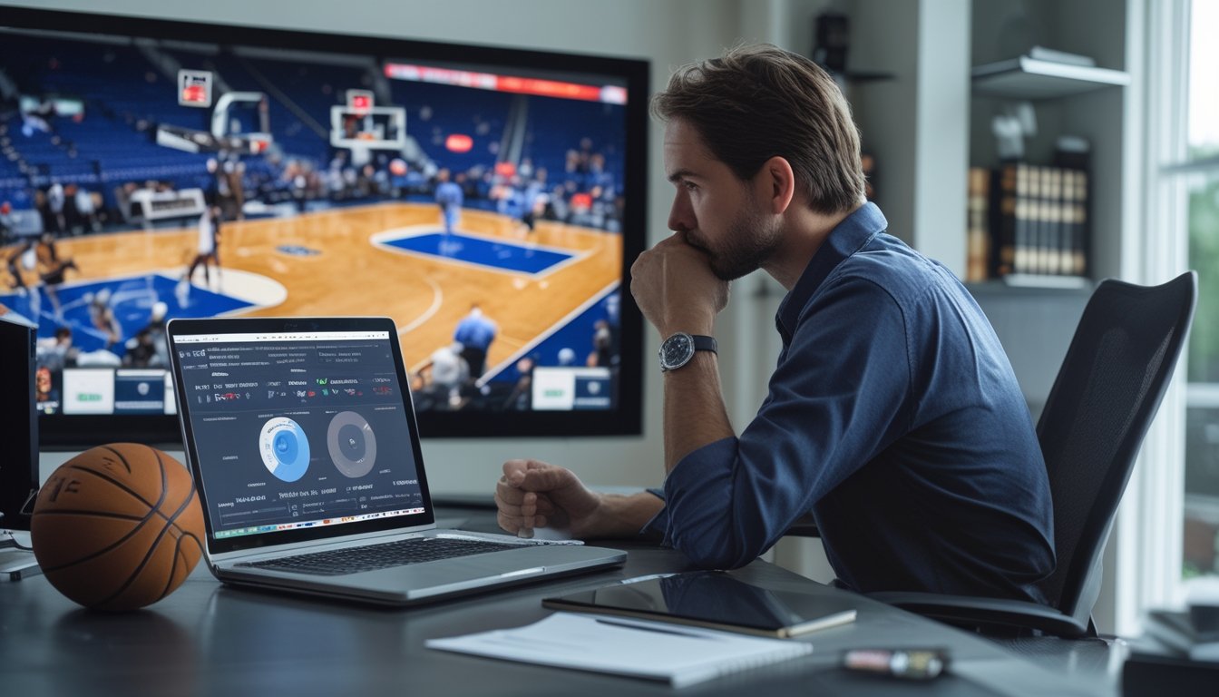 Seorang penggemar basket mempelajari statistik pertandingan NBA di meja dengan laptop dan tablet.