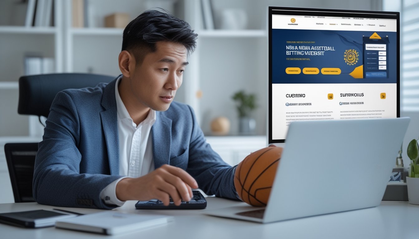 Seorang profesional membandingkan dua situs taruhan basket di laptop.
