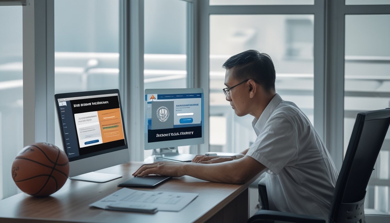 Seorang dewasa memeriksa situs taruhan olahraga di laptop sambil meninjau dokumen verifikasi.