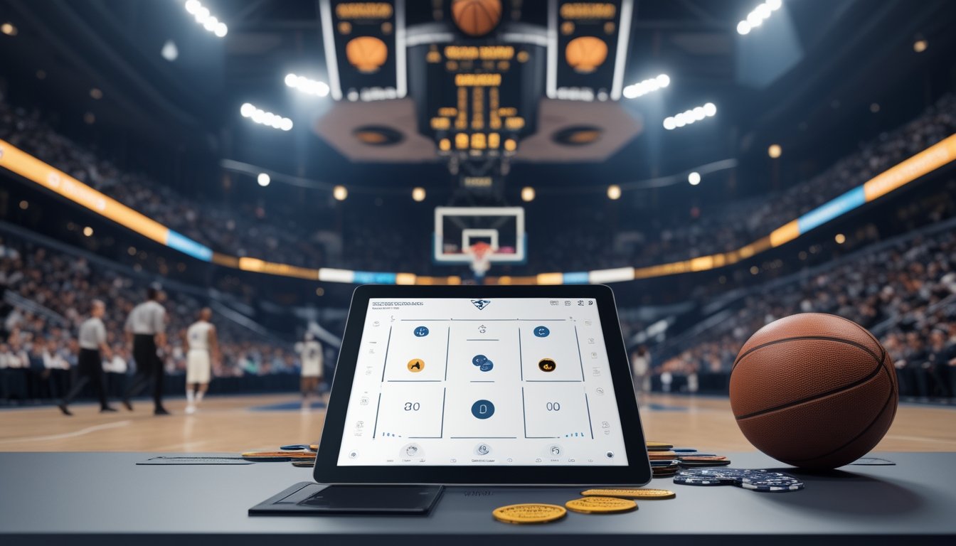 Tablet dengan grafik sederhana berada di dekat bola basket, sementara pertandingan berlangsung di arena.