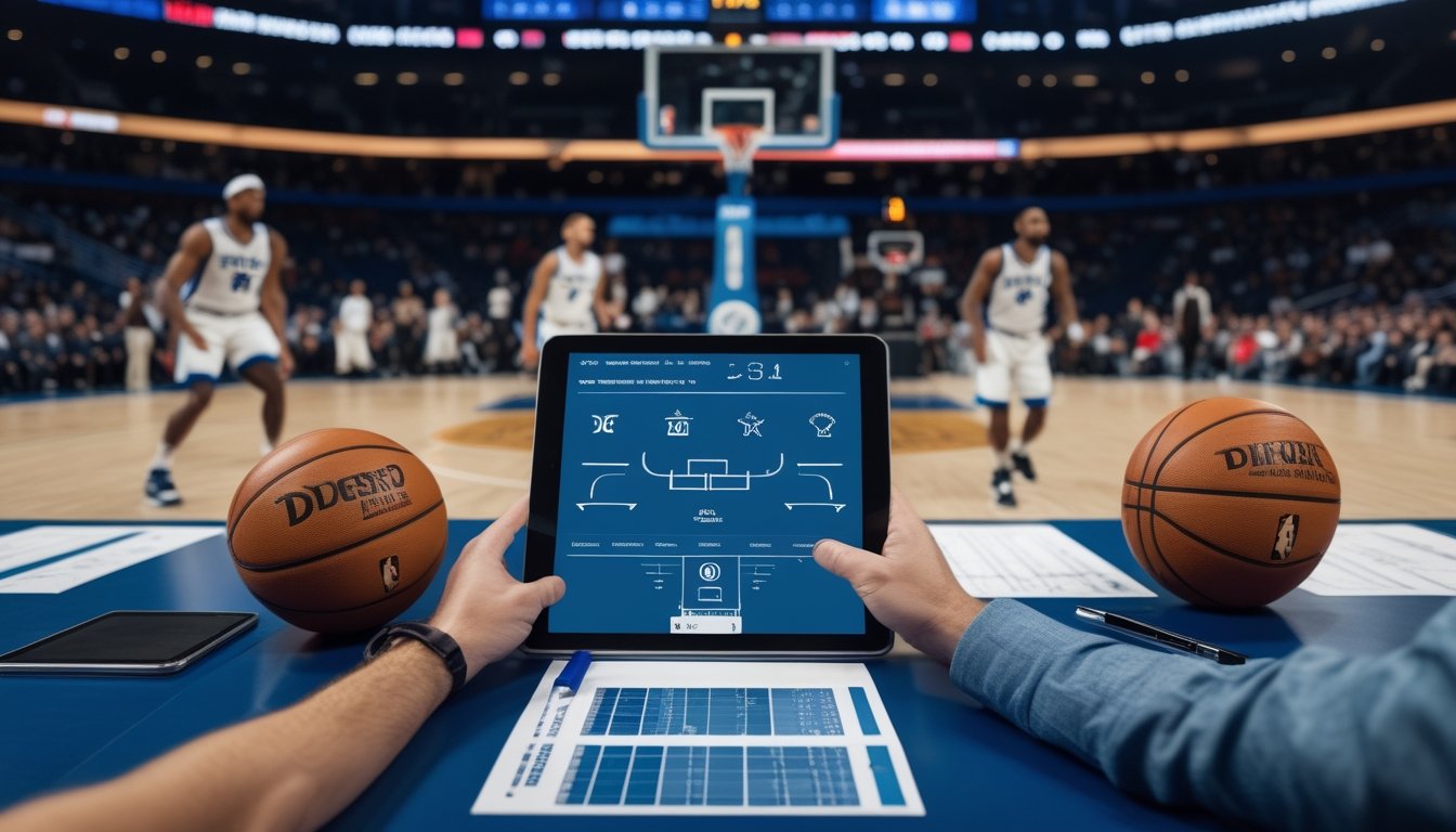 Seorang penggemar meninjau tablet di dekat lapangan saat pertandingan basket berlangsung.