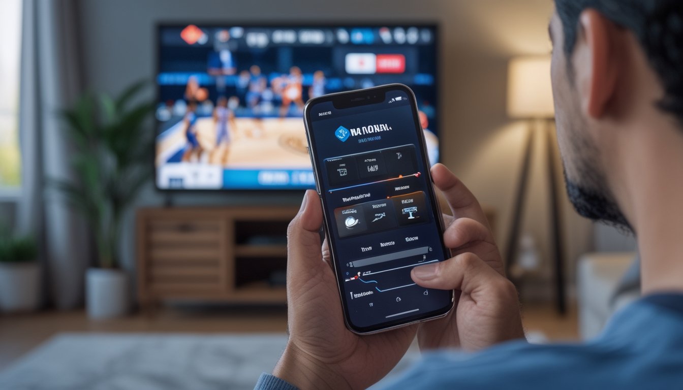 Seorang penggemar menonton pertandingan basket sambil menggunakan ponsel.