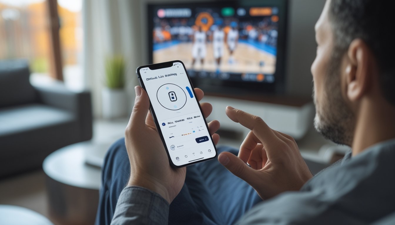 Seorang penggemar basket menggunakan ponsel sambil menonton pertandingan langsung di televisi.