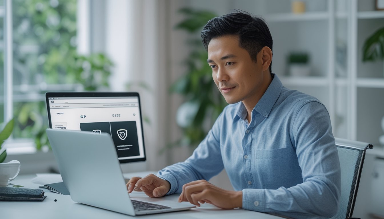 Seseorang memeriksa situs web di laptop sambil mencatat informasi di meja.