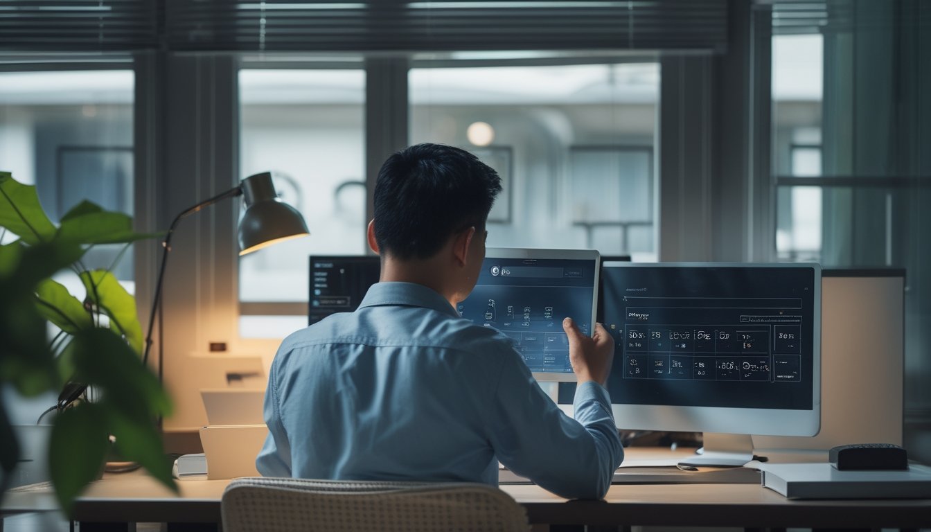 Seseorang memeriksa ponsel dan laptop di meja kerja.