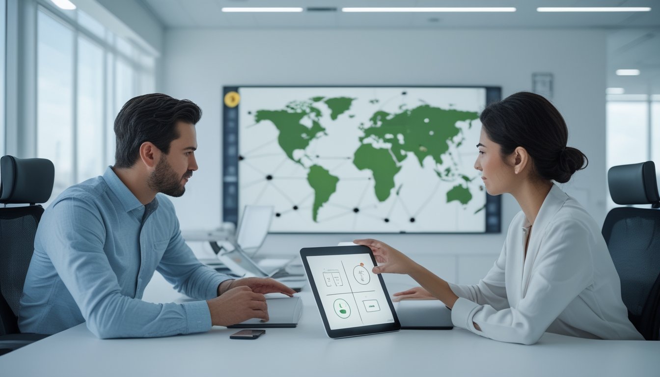 Seorang pemula berdiskusi dengan penasihat di kantor modern sambil melihat tablet.