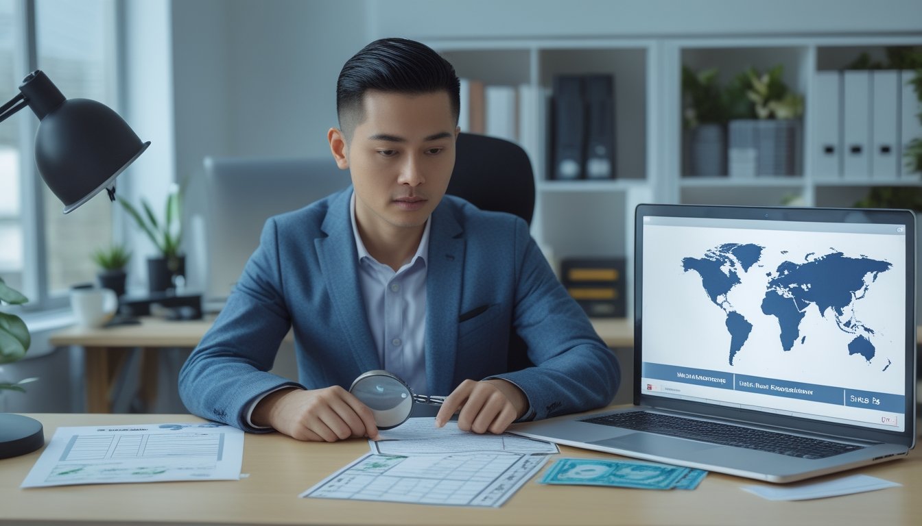 Seseorang memeriksa dokumen resmi dan situs web di laptop.
