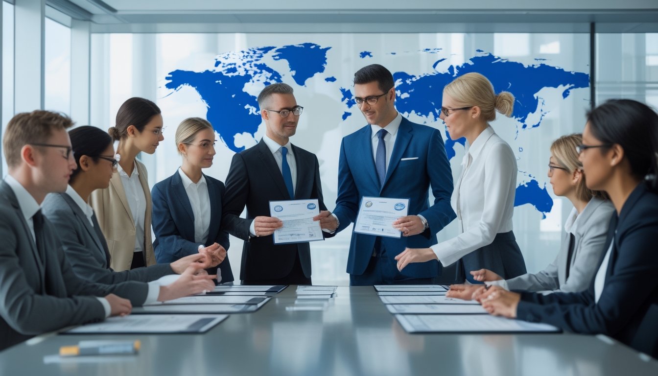 Para profesional membahas dokumen sertifikasi dan peta dunia di meja konferensi.